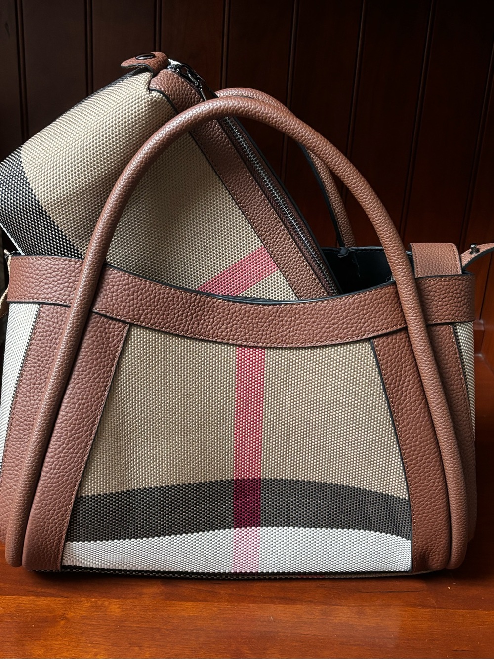 Designer-Inspired Brown Plaid Tote Bag with Red Accent leather trim . Matching